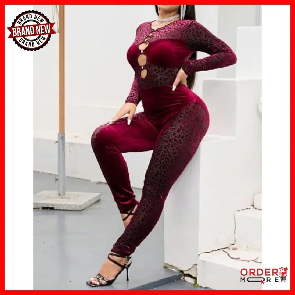 Long Sleeve Mesh Velvet Jumpsuit Bodycon Clubwear Party Outfit